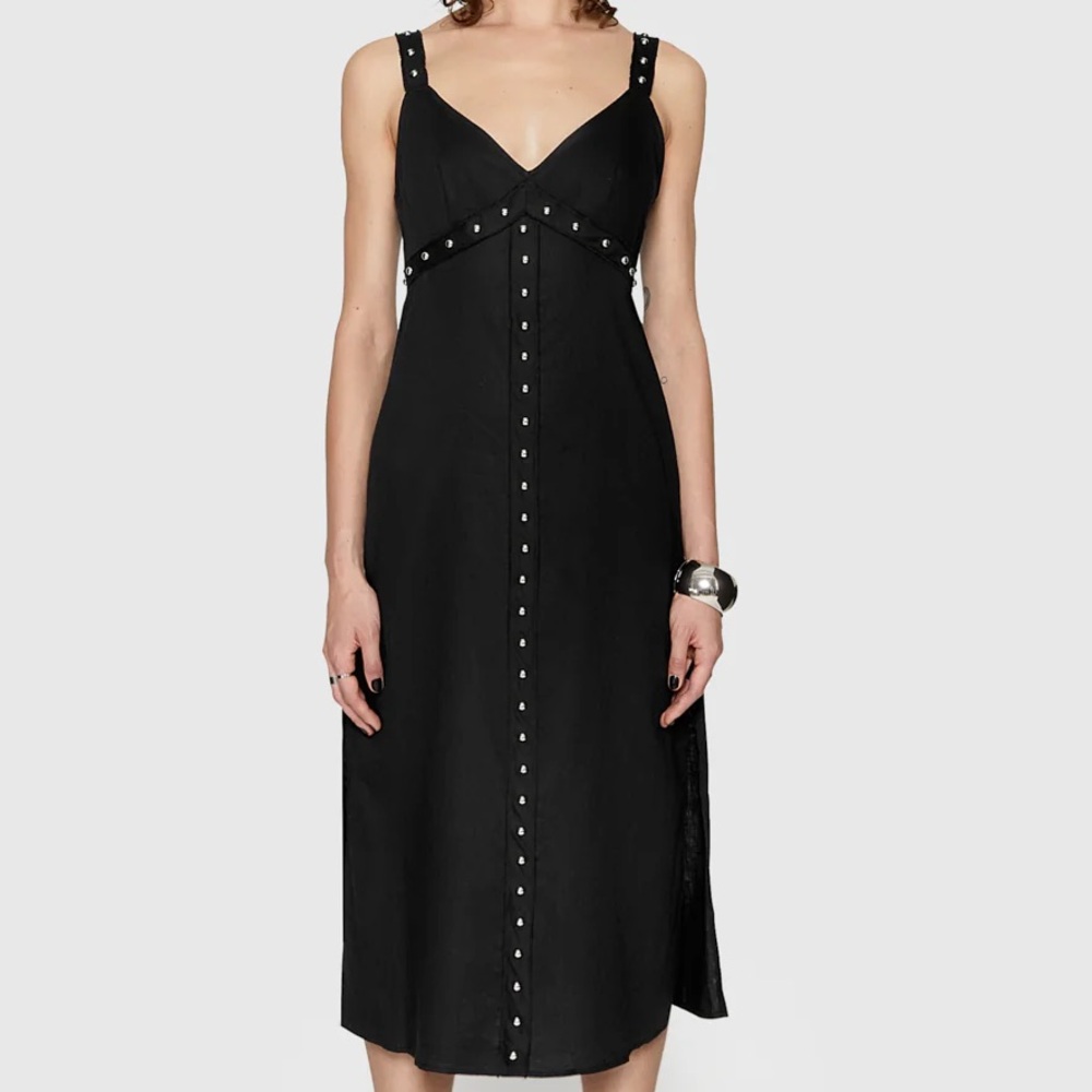 Rebecca Minkoff Black Midi Dress Silver Metal Accents Archie Studded Size 4 NWT